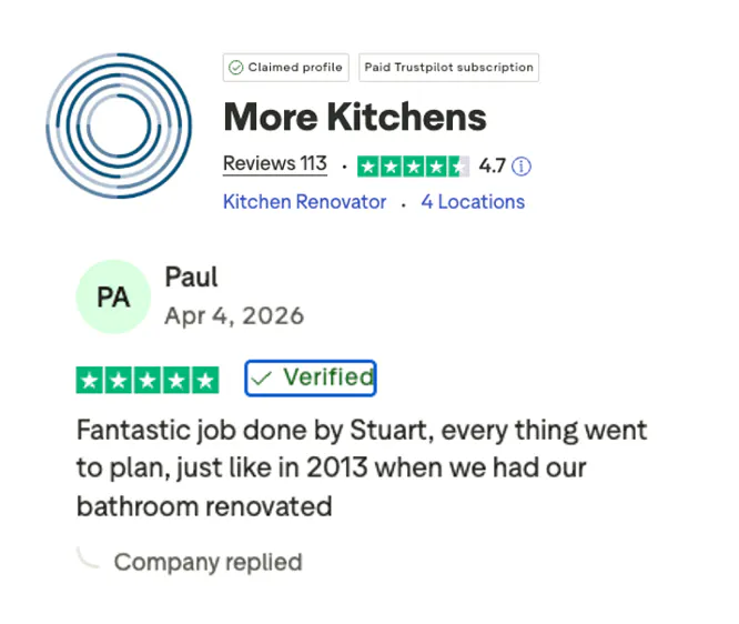 Trustpilot review for More Kitchens praising Stuart’s installation and smooth kitchen renovation experience