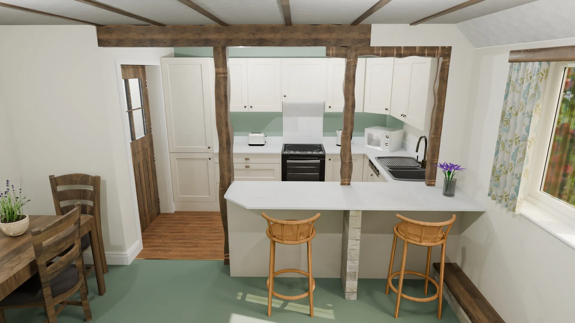 Halifax shaker style kitchen with breakfast bar seating, rustic wooden beams and light cabinetry design