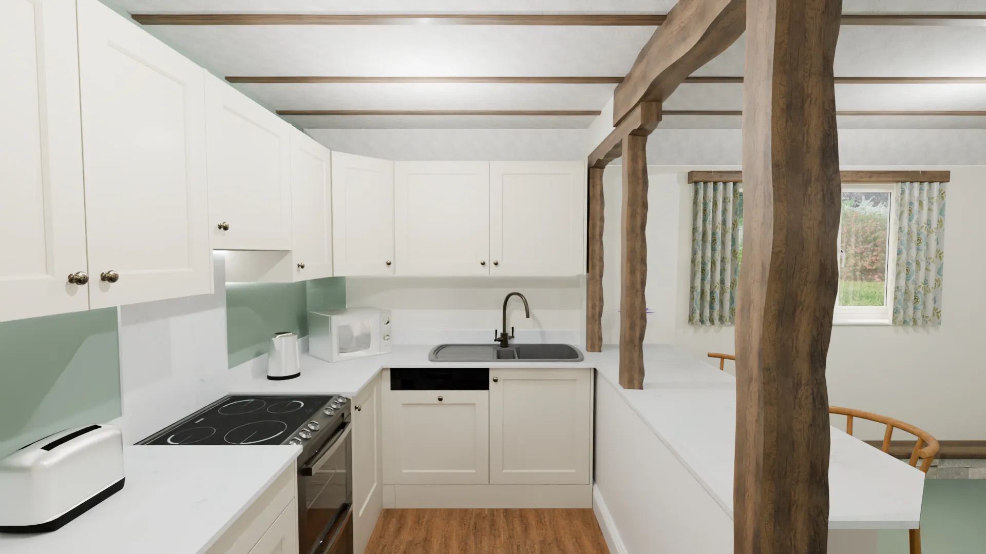 Modern shaker kitchen with white units, wood-effect flooring and traditional beams blending character and function