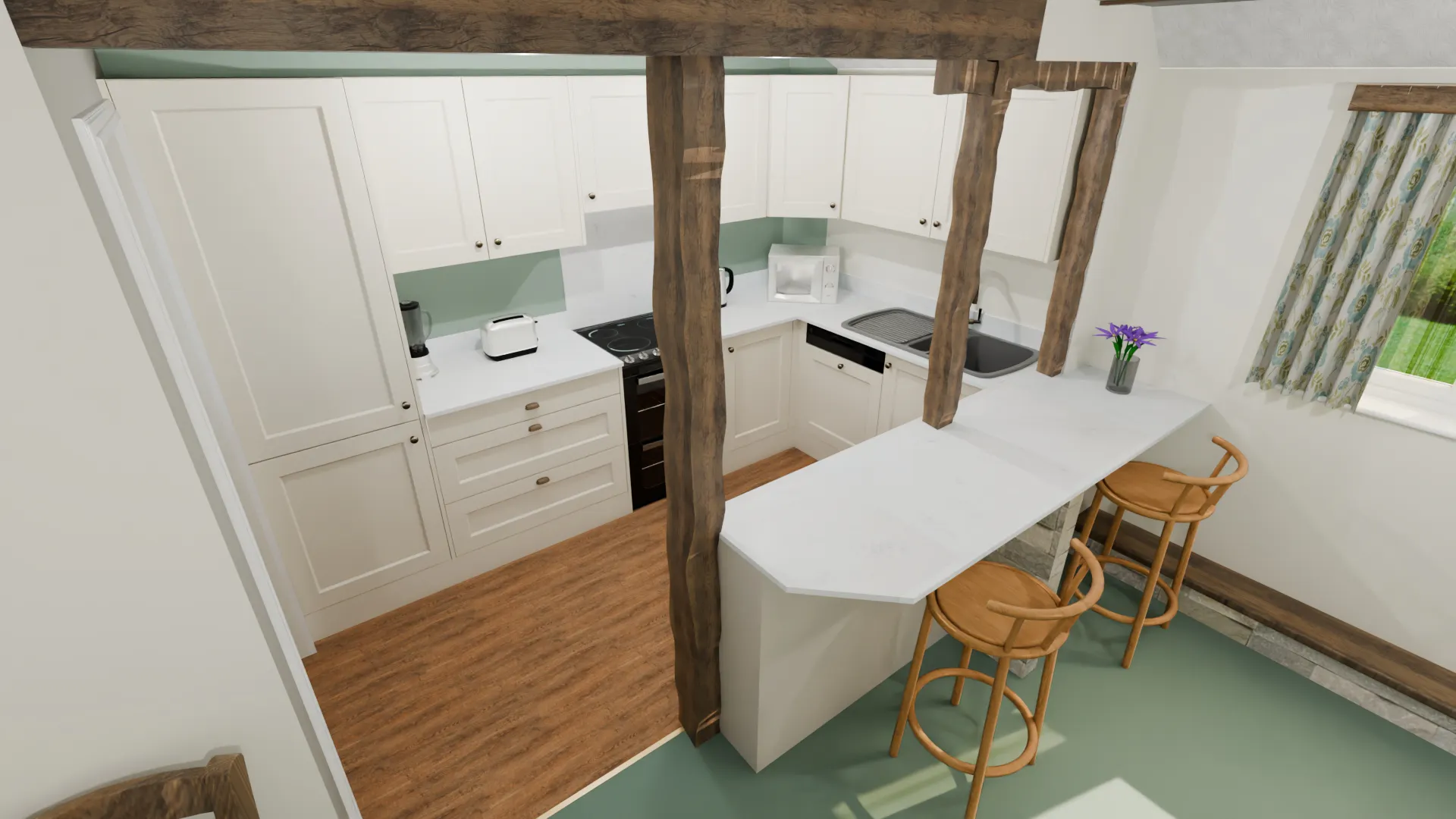 Light shaker kitchen design with peninsula breakfast bar, Belfast-style sink and exposed wooden beams in Halifax home