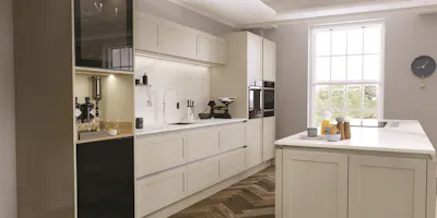 Modern Shaker-style kitchen with island, integrated storage and refined, understated finishes.