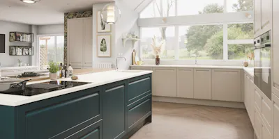 Contemporary Shaker kitchen with slim-profile doors, island seating and soft neutral colour palette.