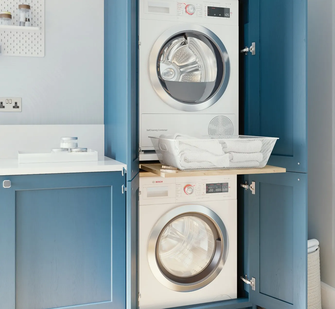 Integrated Washing Machine And Tumble Dryer Hidden Within Utility Room Cabinetry