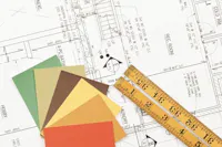 Kitchen design plans with measurements, colour samples and layout planning tools