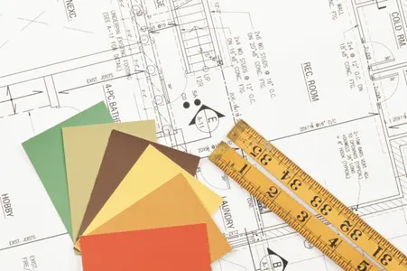 Kitchen design plans with measurements, colour samples and layout planning tools