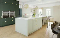 Traditional shaker kitchen with sage green cabinetry, large island and brass accents in an open-plan family living space