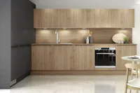 Modern minimalist L shaped kitchen design with wood cabinetry and integrated appliances