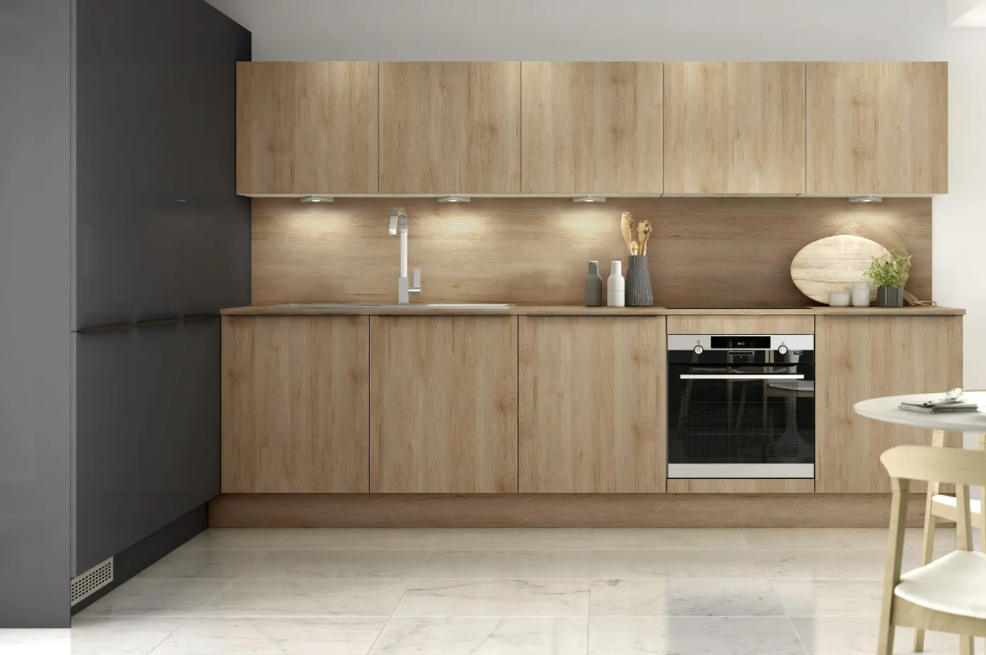 Modern minimalist L shaped kitchen design with wood cabinetry and integrated appliances