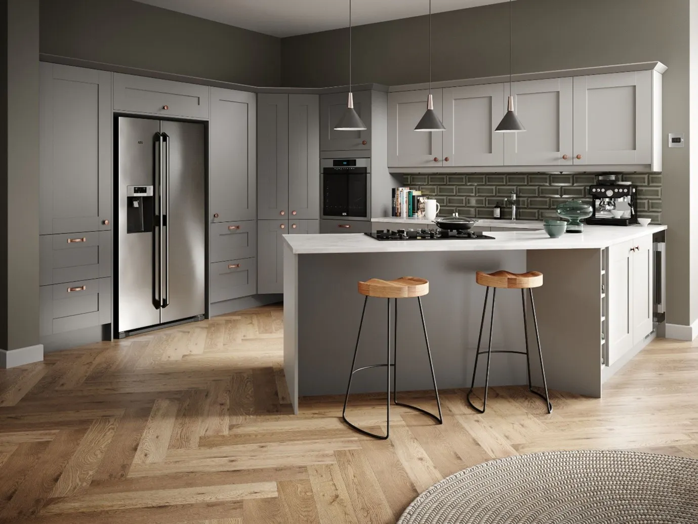 Grey L shaped kitchen with peninsula alternative layout